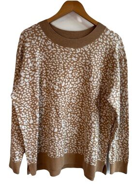 Lands' End Camel and White Animal Print Cotton Sweater Crew Neck XL